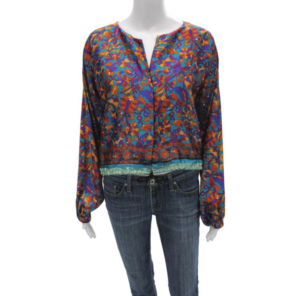 Muze Womens Cropped Silk Floral V-Neck Long Sleeve Boho Blouse Size S